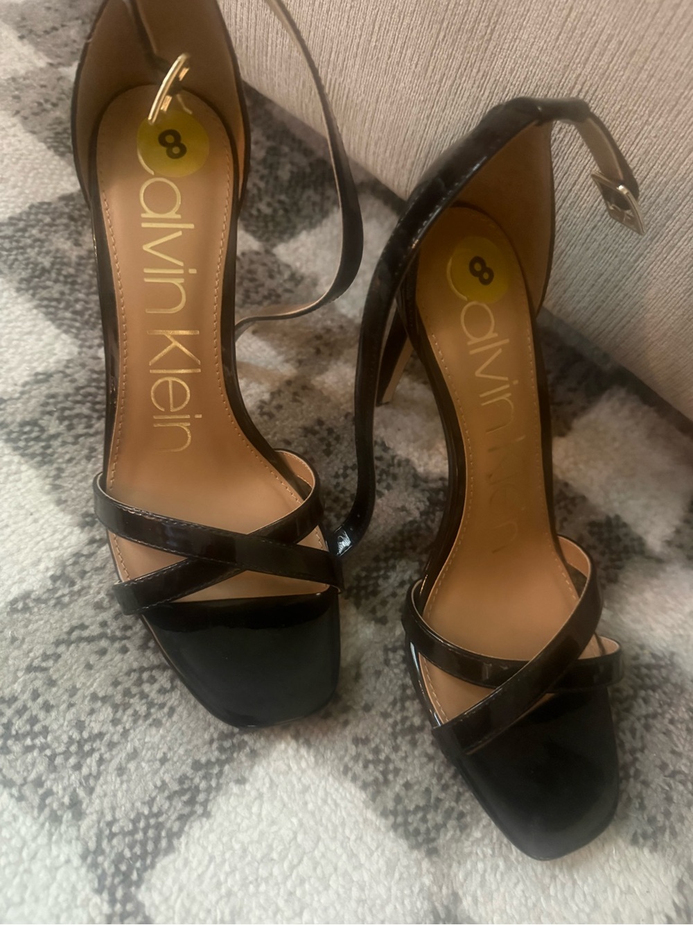 Calvin Klein Glossy Black Ankle-Strap Stiletto Sandals